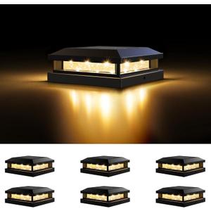 Solar Post Cap Lights Outdoor 6 Packs, Waterproof Solar Powered Deck Post lights for 4x4 4.5x4.5 5x5 Wooden/Vinyl, Black Fence Lights with 16LEDs Warm White/Cool White for Outdoor Decoration