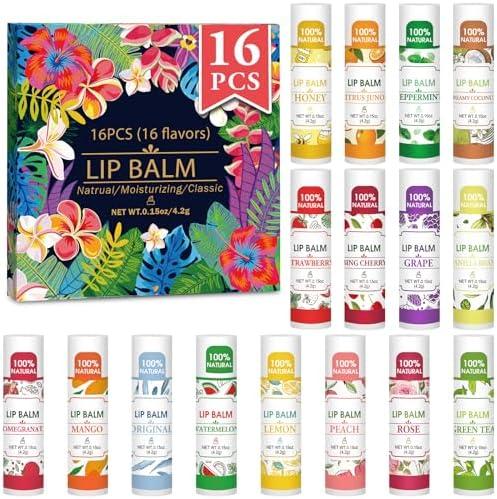 VISRIE 16 Pack Lip Balm, Natural Lip Balm Bulk with Vitamin E and Coconut Oil, Bulk Moisturizing Lip Balms for Dry Lips-16 Flavors
