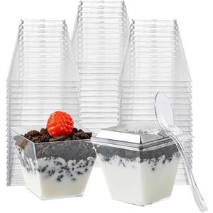 HOMIP 60Pack 4oz Plastic Dessert Cups with Lids and Spoons, Mini Plastic Parfait Cups for Parties, Clear Square Cups for Appetizer Cake Ice-cream