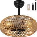 20'' Boho Rattan Caged Ceiling Fan with Light and Remote, Farmhouse Flush Mount Boho Ceiling Fan Light Low Profile Bladeless Ceiling Fan Timing 6 Speeds Reversible