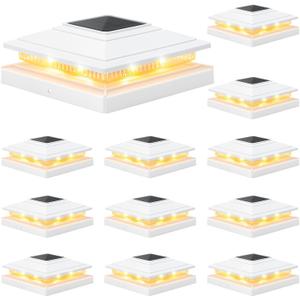 APONUO Solar Post Cap Lights 12-Pack, White IP64 Waterproof 16 LED Fence Post Solar Lights for 4x4 5x5 6x6 Wood/Vinyl Posts, 2-Mode Deck Post Lights Solar Powered, 10-Hr Lighting for Patio Yard Porch