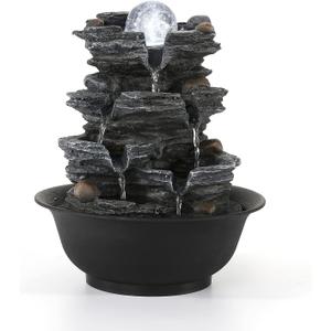 Dyna-Living Tabletop Water Fountain Indoor Waterfalls Fountains with White LED Light Decorative Feng Shui Tabletop Fountain with Quiet Pump and Spinning Ball, Desktop Waterfall Fountain for Home Decor