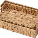 Hand-Weaving Wicker Serving Tray with Handle, Natural Grass Weaving for Storage or Decoration, Set of 2 Rectangle