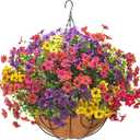 Grunyia Artificial Hanging Flowers Basket with Colorful Silk Daisies & Eucalyptus - UV/Sun-Resistant Plant for Outdoor Porch, Patio, Balcony - Indoor/Outdoor Home Decor (Spring)
