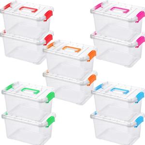 Suzile 10 Packs 7.5 Qt Toy Handle Storage Bins with Lids Clear Plastic Bins 5 Colors Handle Stackable Storage Containers with Labels Markers for Office Home School Supplies Organization
