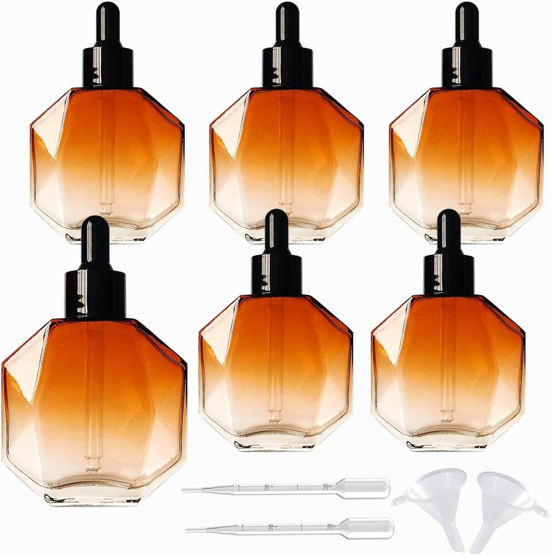 Amber Glass Dropper Bottles for Essential Oils 50ml/1.7oz 6 Pcs Diamond Glass Bottles with Dropper, for Perfume Hair Oils Serums and other liquids (Amber, 50ML/1.7OZ)