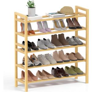 Haddockway Bamboo Shoe Rack for Closet, Free Standing Shoe Organizer with Smooth Round Rods & Convenient Handles, Stackable Shoe Storage Shelf for Entryway, Hallway(Natural, 5-Tier)