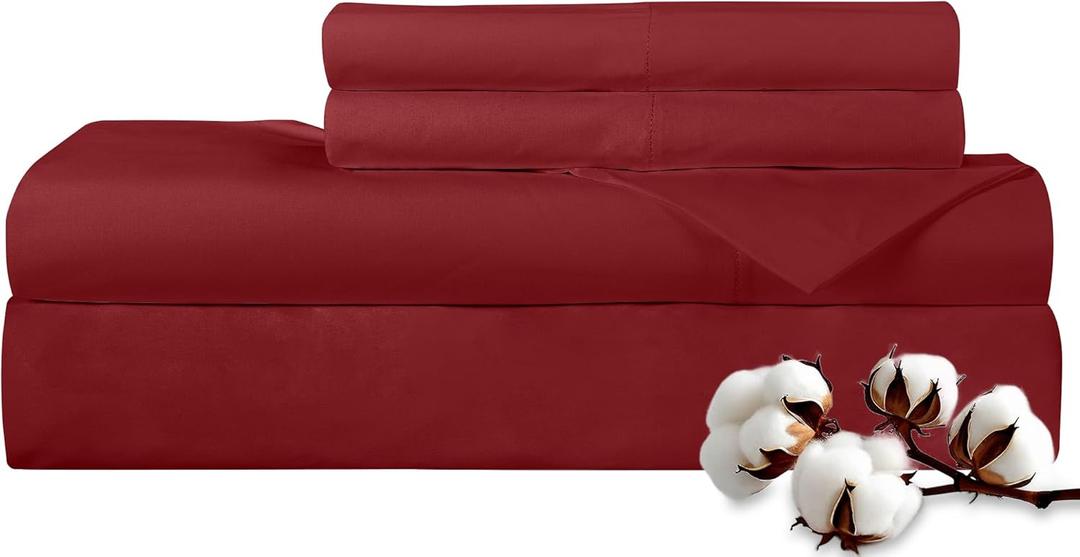 ROYALE LINENS 300 Thread Count 100% Long Staple Combed Cotton Sheet Set - 4 Piece Bed Sheet 1 Fitted Sheet, 1 Flat Sheet, 2 Pillow Cases - Breathable, Cool & Crisp Percale Sheet Set (King, Red)