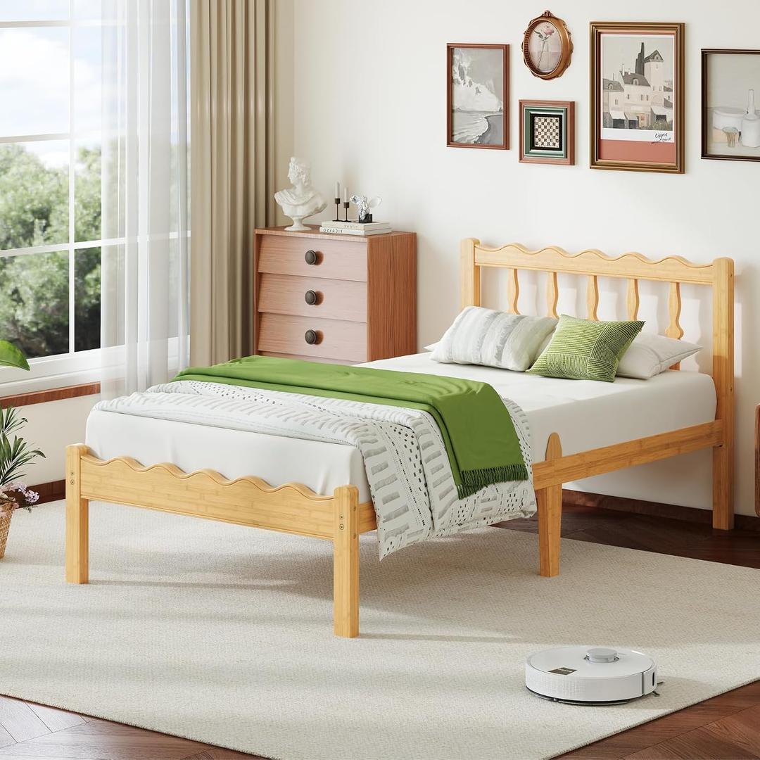 Bamboo Twin XL Bed Frame with Headboard, 14 inch Solid Wood Platform Bed Frames Twin XL Size with Metal Slats, No Box Spring Needed, Easy Assembly, Noise Free