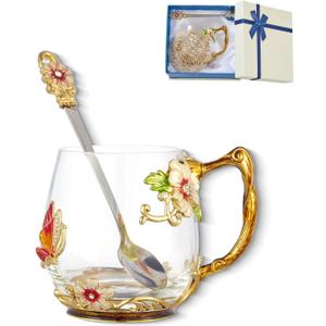AISVELDY Flower Tea Cup,Clear Glass Fancy Coffee Mug with Spoon,Gift Box for Her Mom Wife Grandma Girls Friends Valentines Christmas Birthday Present Idea for Juice Milk Hot And Cold Drinks Use (Yellow and Red)