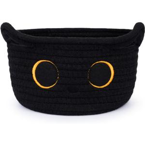 Small Storage Basket, Black Cat Cotton Rope Baskets Woven Blasket for Nursery, Blanket Basket Baby Toy Storage Organizer With Ears for Gifts Cat Dog Bin Toys 8.54.5 inches
