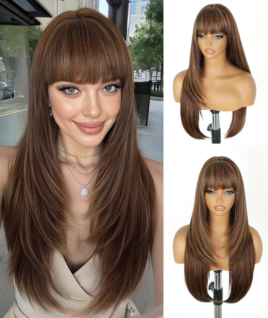 ENTRANCED STYLES Long Mixed Brown Wig with Bangs 26Inch Straight Layered Wig for Women Synthetic Heat Resistant for Daily Party Use (Brown Miex Highlight)