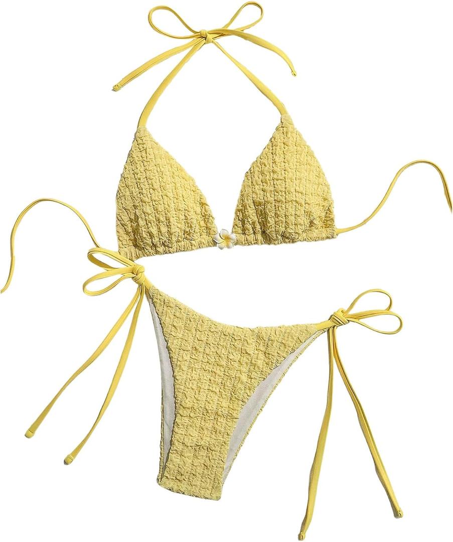 SHENHE Women's 2 Piece Swimsuit Floral Print Halter Tie Side Triangle Bikini Set (Medium, Yellow Textured)