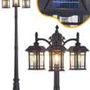 Solar Powered Outdoor Post Light 82.7" H 3-Headed Lamp Post with Dusk to Dawn Sensor Pole Street Lantern 3 Light Black Outdoor Lamp Post Lights E26 Outdoor Street Light for Pole Garden Yard