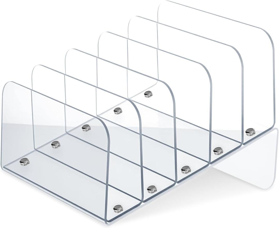 Chunful Acrylic Desk Organizer, 5 Section Desk File Holder Sorter Stand Rack Vertical Organizer Desktop Vinyl Storage Display for Record Album Book Magazine Document Home Office(Clear)