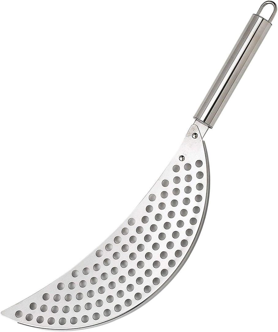 Pan Pot Strainer with Handle Stainless Steel Hand Held Crescent Drainer for Spaghetti Fry Noodles Fruit Vegetable Pasta Strainer Colander Heavy Duty Food Drainers (Silver)