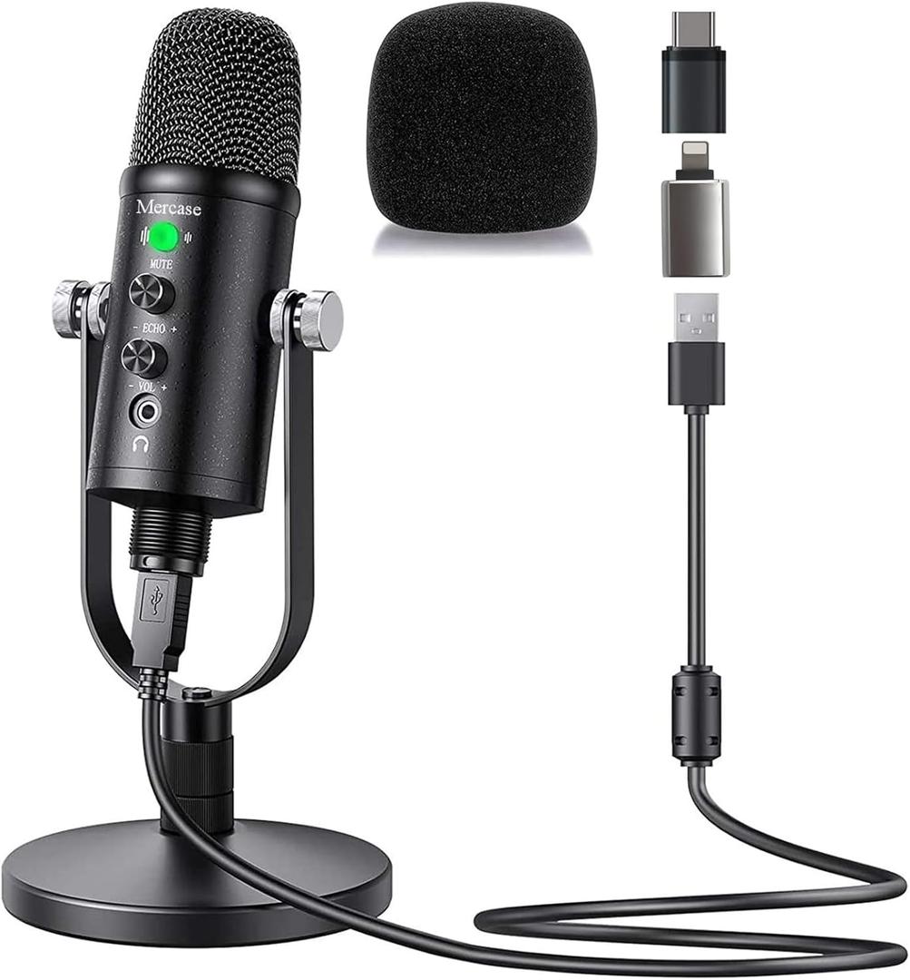 Mercase USB Condenser Microphone for Podcasting, Streaming, Recording on Phone, PC, Mac, PS4/PS5,Plug & Play, Quick Mute,Metal Stand with 360 Rotation