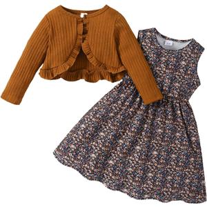 Kid Toddler Girl Fall Dress+Cardigan 2 Piece Floral/Plaid Sleeveless Dress and Cardigan Set 2-14Y (Brown)