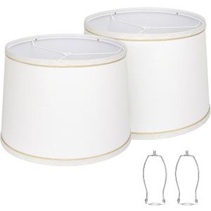 Lampshades Set of 2 for Table Lamps, Floor Lamps, Fabric White Lamp Shades 11.6" Top x 12.6" Bottom x 9.8" High, Drum Lampshades(Spider Fitter), Medium Lamp Shades Replacement, Easy Assembly Required (White with Brown Rim)