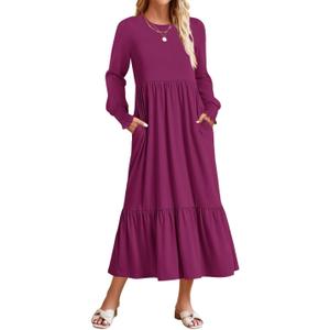 ZESICA Women's 2026 Spring Long Sleeve Dress Crewneck Casual A Line Pleated Tiered Flowy Trendy Midi Dresses with Pockets (Medium, Plum)