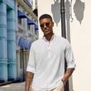 COOFANDY Men's Casual Henley Shirts Long Sleeve Band Collar Lightweight Beach Shirts Summer T-Shirts (White, S)