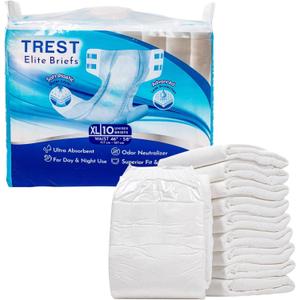TREST Elite Briefs for Men and Women, Overnight Diapers for Incontinence, Elite Absorbency, Comfortable, Odor Neutralizing and Secure Fit with 2 Wide Tabs - White, X-Large (Pack of 10)
