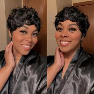 Bob Wig Human Hair Short Pixie Cut Wigs for Black Women - None Lace Front Glueless Pre-Plucked Short Curly Wigs with Bangs, Daily Use Natural Black 1B Color
