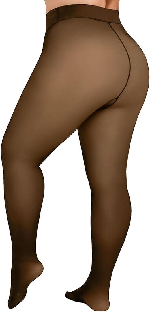 Delcast Plus Size Fleece Lined Tights Women - Fake Translucent Sheer Warm Thermal Pantyhose Leggings for Winter (Brown, XXL)