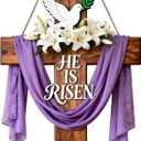 He is Risen Easter Decor, Wooden Cross Wall Hanging Sign with Purple Sash, White Lilies & Dove, Farmhouse Christian Home Decor for Front Door, Wall, Mantel - Easter Gift Idea