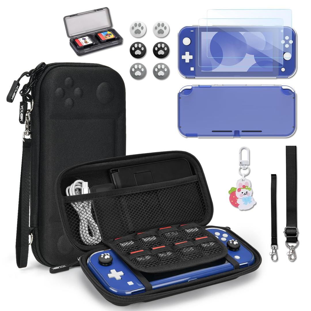 Younik Switch Lite Case, Portable Switch Lite Carrying Case, 14 in 1 Accessories Kit with Carrying Case, Protective Cover, Game Card Case, Screen Protectors, Thumb Grips, Pendant and straps (Black)
