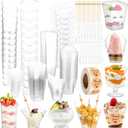 LemonRoad 300 Pack 2/3/5/7oz Plastic Dessert Cups Set 8 Styles Clear Plastic Dessert Cups with 100 Spoons 100 Toothpicks 500 Sticker for Serving Fruit Trifle Mousse Ice Cream Pudding(Elegant)