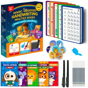 Magic Grooved Writing Practice for Kids  5 Reusable Grooved Writing Books for Kids 35, Ages 6-8, 49+ Activities for Alphabet, Numbers, Math & Drawing, Erasable Magic Ink, Pen Grip for Small Hands