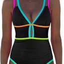 popvil Women One Piece Swimsuit 2026 Tummy Control Sexy Cutout Neon Color Block Bathing Suit Slimming Adjustable Swimwear, L