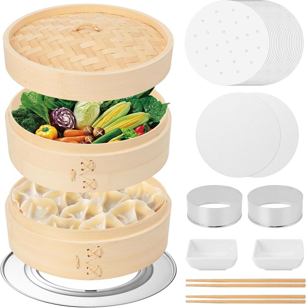 Bamboo Steamer 10 Inch, 2 Tier Bamboo Steamer Basket with a Lid, Dumpling Steamers with Paper Liners, Reusable Silicone Liners, Cutter, Adapter, Sauce Dish, Chopsticks, for Steaming Dim Sum Asian Food