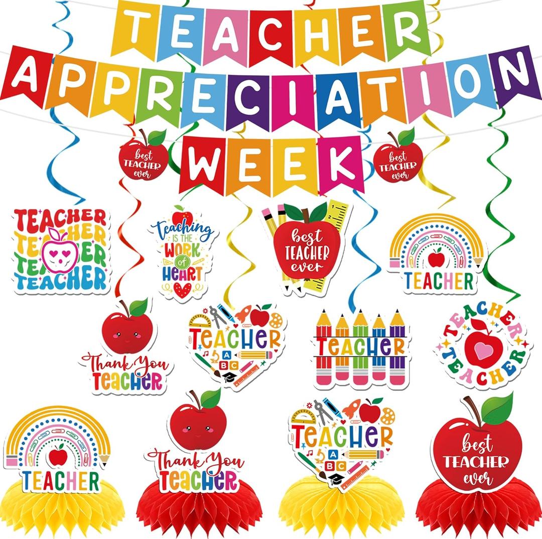 Teacher Appreciation Banner Decorations - 15 Pcs Thank You Teachers Week Party Garland Hanging Swirls Honeycomb Centerpieces Backdrop Photo Booth Props Decor Supplies for Classroom School