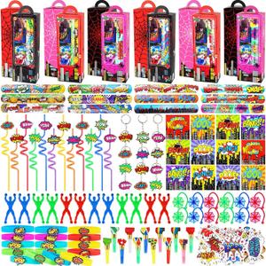 158Pcs Spider Party Favors - 12 Guests Set Include Goodie Box Straw Mini Notebooks Slap Bracelets Keychain Blowers Stickers Sticky hands Toy, for Carnival Classroom Prizes Birthday Party Gift