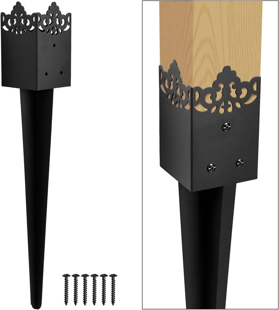 Fence Post Anchor 4''x4'', Heavy Duty Metal Fence Post Anchor Ground Spike 24''x4''x4'' for Fence, Mailbox, Bird Feeder, Decking, Banner, with The Black Powder Coating Cover on The Surface (Set 1)