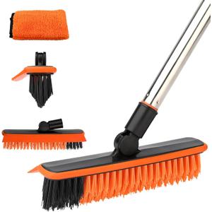 2 in 1 Floor Scrub Brush Grout Brush with 57.8" Long Handle,120Rotatable Shower Tile Grout Cleaner Scrubber,V-Shaped Corner Brush for Hard to Reach Areas (Orange)