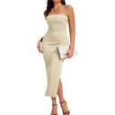 Women Ribbed Maxi Bodycon Tube Dress Summer Sexy Strapless Side Slit Long Formal Cocktail Party Wedding Guest Dress (US, Alpha, Small, Regular, Regular, Beige) (S)