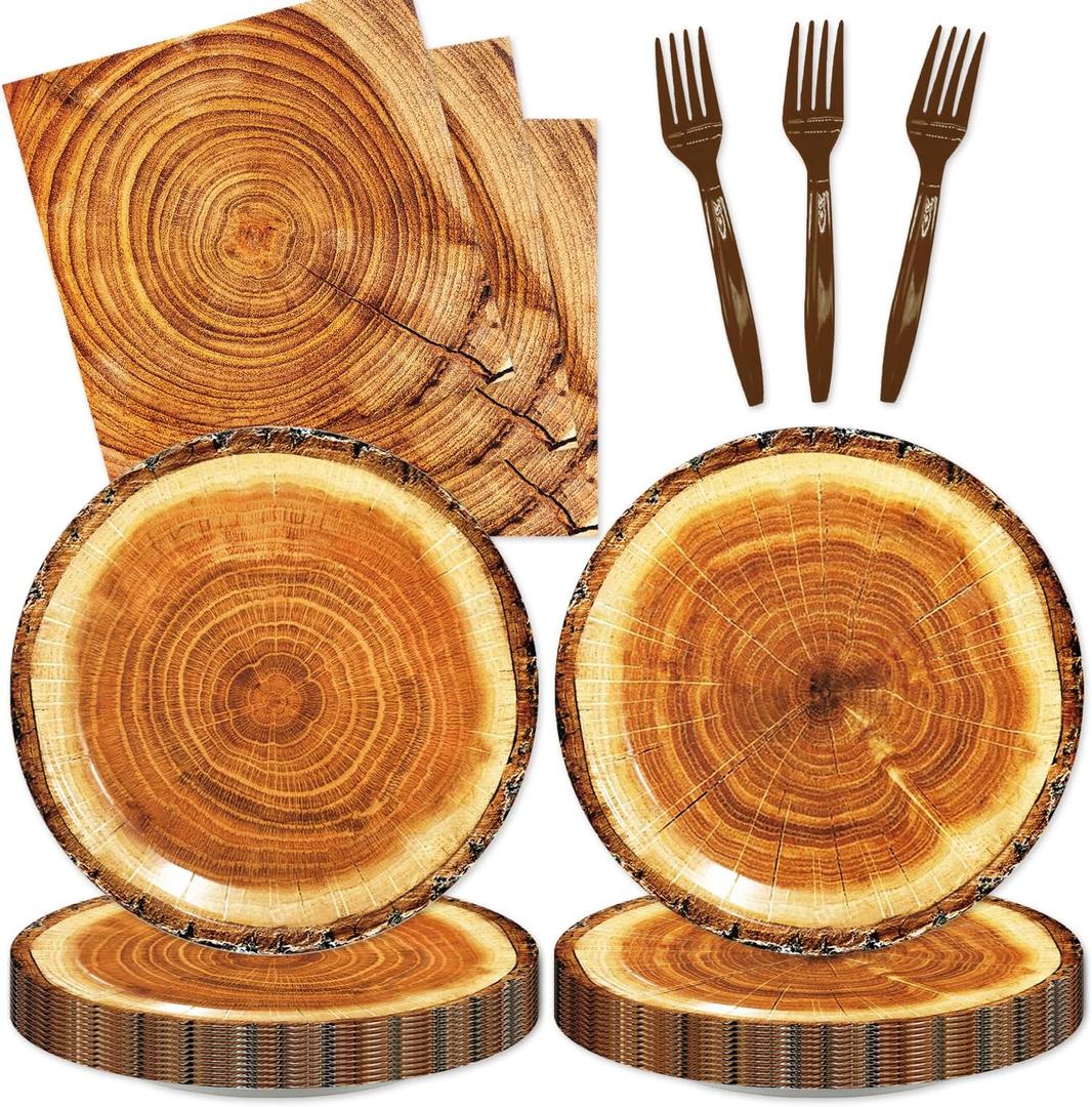 48pcs Camping Wood Grain Slice Party Decoration Set,16 Dessert plate,16 Napkin And 16 Fork,Disposable tableware for 16 persons,Used for Fire Camping Woodland Animal Lumberjack Party Supplies