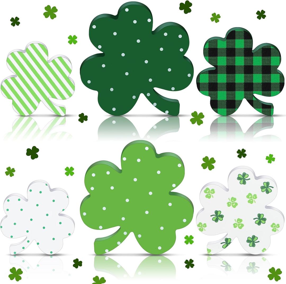 Wenqik 6 Pcs St. Patrick's Day Wooden Signs Irish Clover Shamrock Wooden Table Centerpiece Ornaments Decoration Green Farmhouse Wood St Patricks Day Tiered Tray Decor for Holiday Fireplace Home