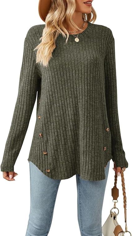 Lafural Womens Long Sleeve Tops Tunic Fall Shirts Women Sweaters Crew Neck Button, Green, M