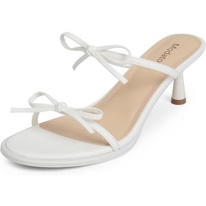 Modatope Womens Kitten Heel Bow Tie Two Strap Open Toe Sandals White Heels Slip on Rounded Toe Sandals Women Size 6.5