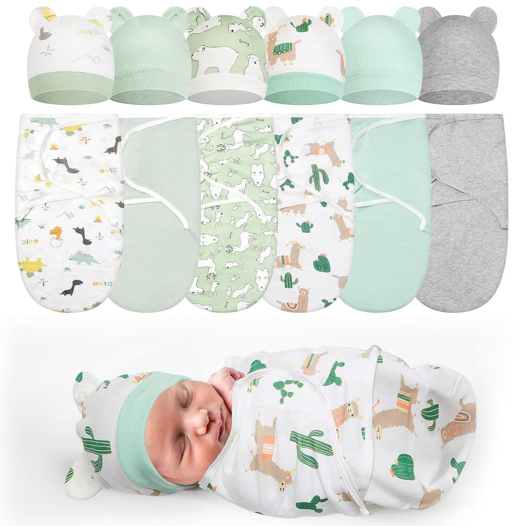 Ramede 6 Pack Preemie Swaddle Blanket with Hats Sleep Swaddle for Baby Boy Girl Preemie Newborn Sacks Soft Cotton Wearable(Alpaca,Green)