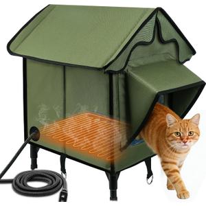 Newget Heated Cat House for Outside, Winter Insulated Cats House with Heated Pad, Waterproof Weatherproof Cat Shelter for Outdoor Indoor Cats, Cozy Elevated Feral Cat House Bed Green 21x19.4x16.5 in