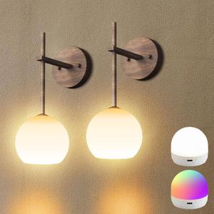 Walnut Grain Battery Operated Wall Sconces Set of 2, Rechargeable Wireless Wall Lights with Milky White Frosted Glass, 12 RGB and 3CCT Dimmable, Wall Lamps with Remote for Bedroom Living Room Hallway