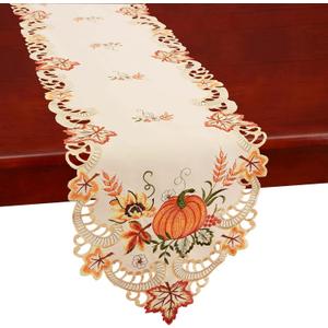 Simhomsen Thanksgiving Harvest Pumpkins Table Runners for Autumn Or Fall Decorations, Embroidery (14  69 Inches)