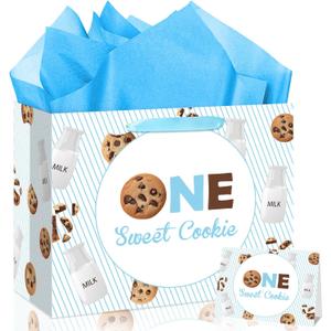 Milk and Cookies 1st Birthday Gift Bags - One Sweet Cookie Gift Bag with Greeting Card Tissue Papers Milk Theme First Birthday Wrapping Paper Bag for Baby Boys One Year Old Bday Party Favors