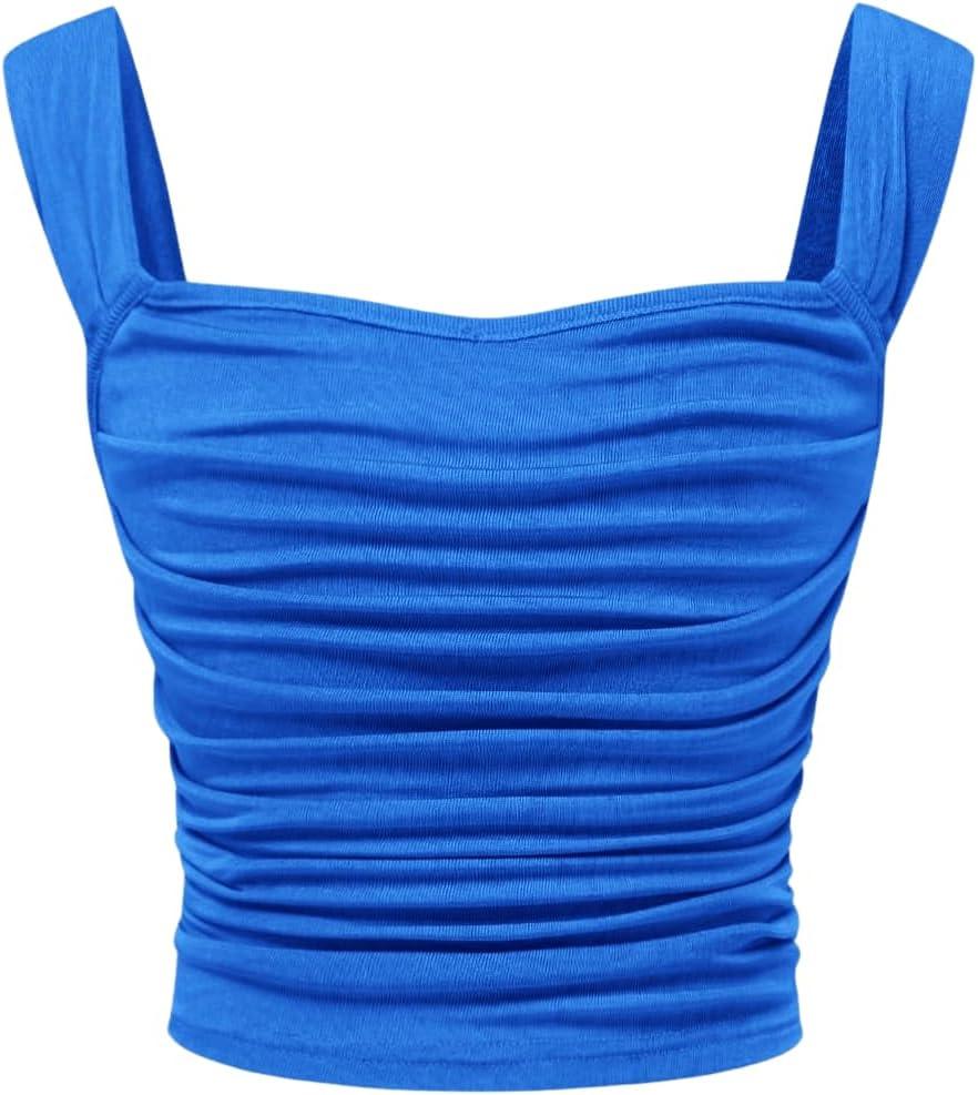 OYOANGLE Girl's Sleeveless Square Neck Cute Tops Wide Straps Ruched Solid Crop Tank Top Summer Clothes 12Y
