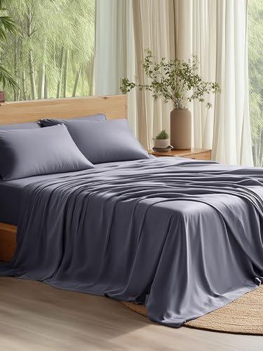 Bedsure Queen Sheet Set, Cooling Sheets for Queen Size Bed Set, Rayon Derived from Bamboo, PureWoven, Breathable & Soft, Deep Pocket Up to 16", Hotel Luxury Silky Bedding for Hot Sleepers, Dark Grey